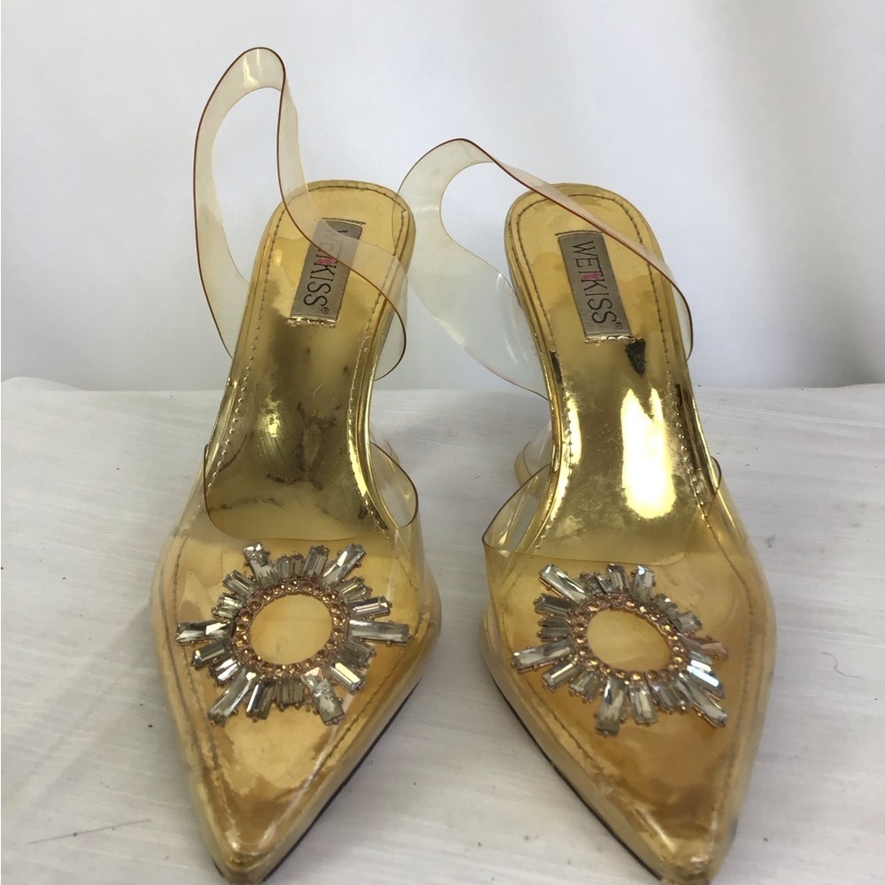WETKISS WOMEN ELEGANT UNIQUE FORMAL GOLD TRANSPARENT TOP RHINESTONE HEELS SZ 9.5